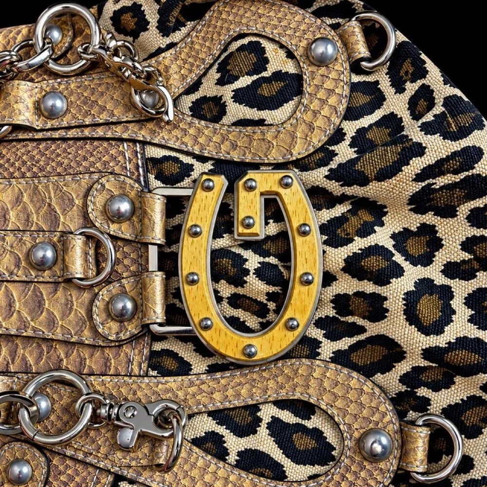 Vintage 90s GUESS Leopard Print Gold Handbag Y2K Big G Snakeskin Mafia Mob